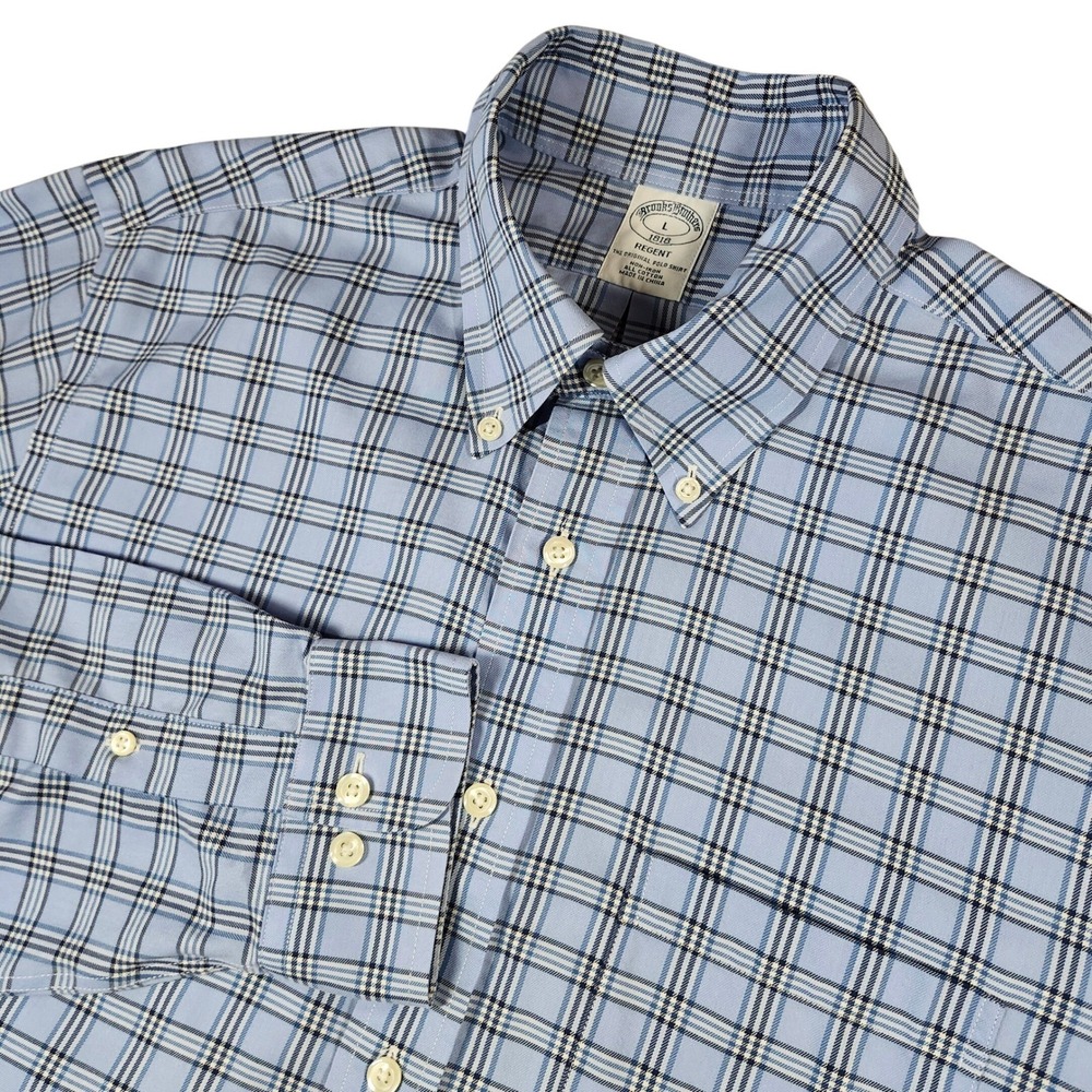 Brooks Brothers Button Down Mens L Blue Plaid Non-Iron‎ Regent Polo Shirt Preppy